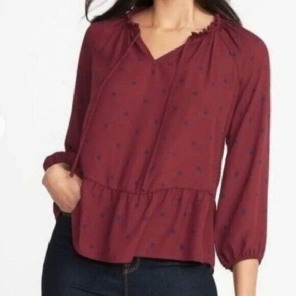 Old Navy Women’s Burgundy Polka Dot Georgette Swing Top - Size S - Picture 1 of 14